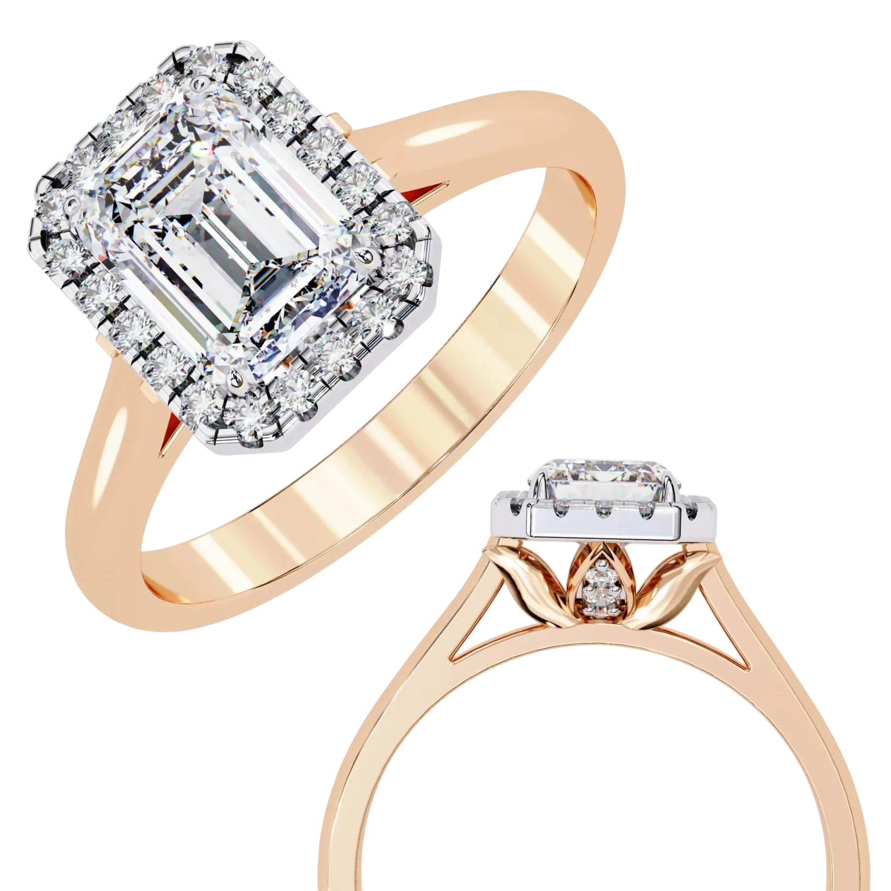Aurelia Emerald Halo Ring - radiant cut halo engagement ring - in 18ct rose gold - Lucano