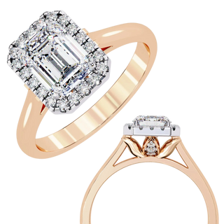 Aurelia Emerald Halo Ring - radiant cut halo engagement ring - in 18ct rose gold - Lucano