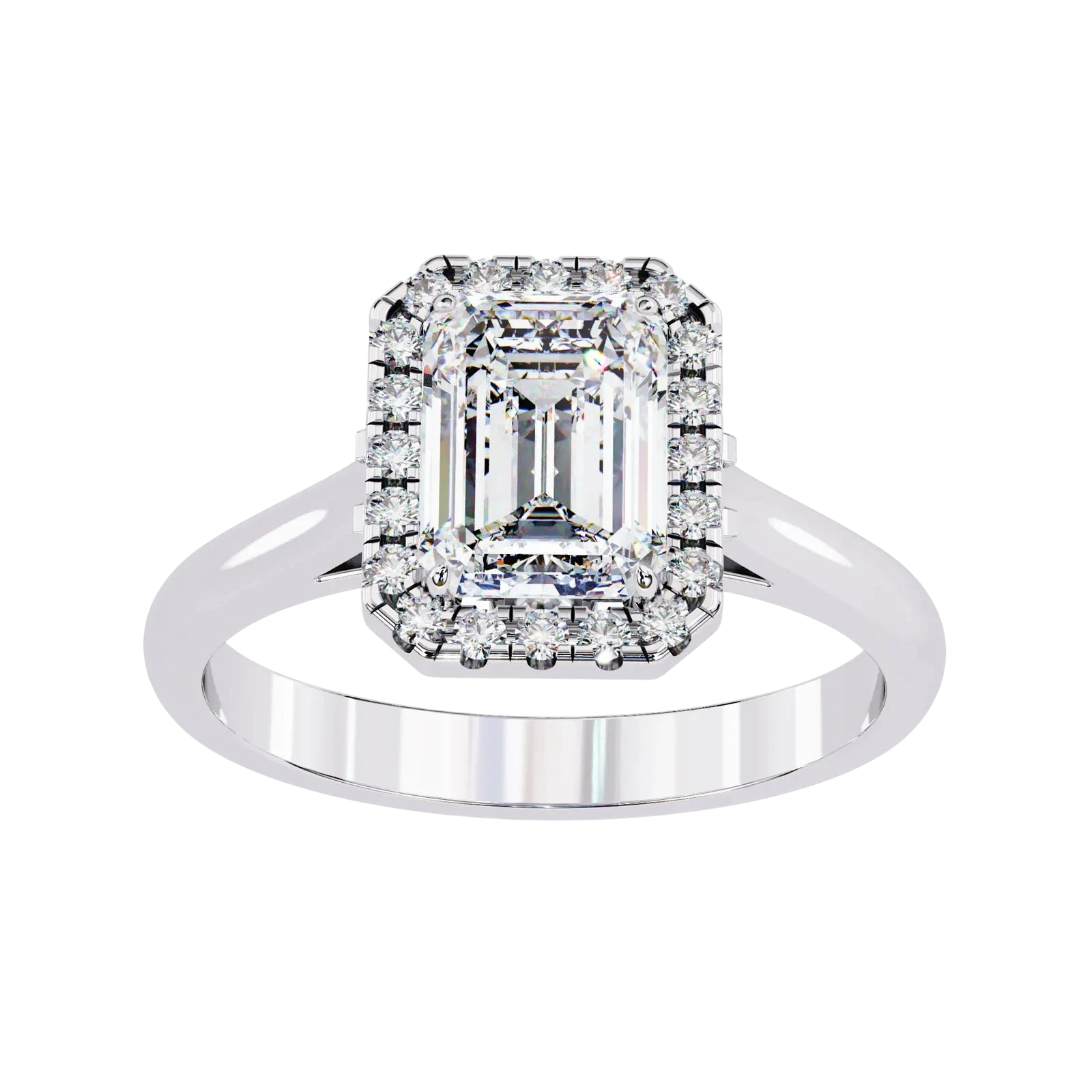 Aurelia Emerald Halo Ring - radiant cut halo engagement ring - side profile - Lucano