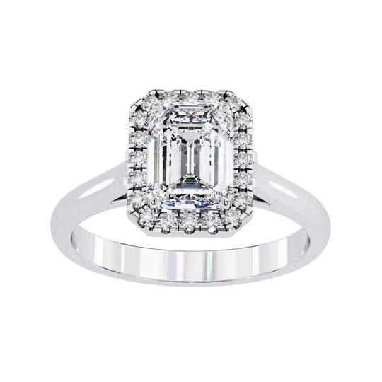 Aurelia Emerald Halo Ring - radiant cut halo engagement ring - side profile - Lucano