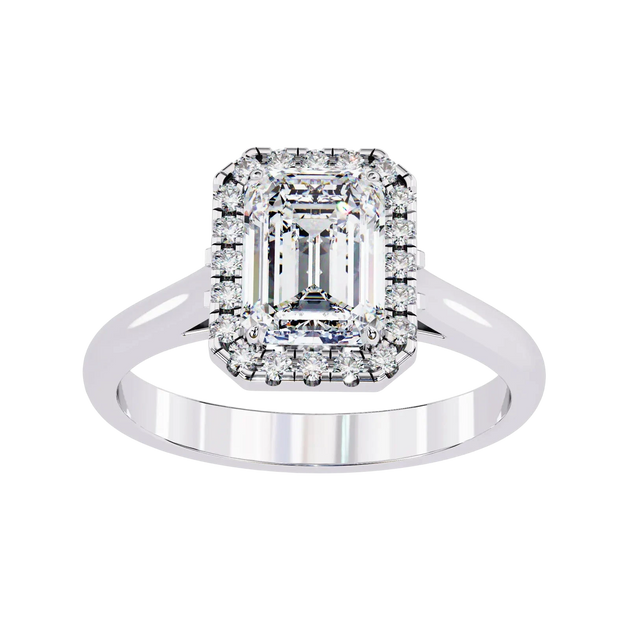 Aurelia Emerald Halo Ring - radiant cut halo engagement ring - side profile - Lucano