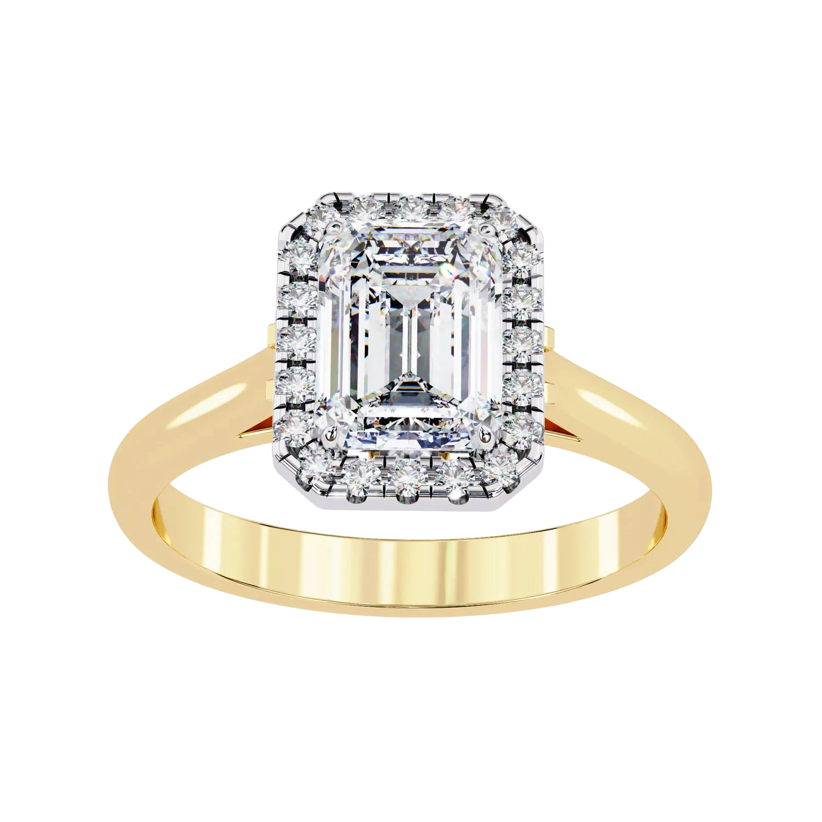 Aurelia Emerald Halo Ring - radiant cut halo engagement ring - angled view - Lucano