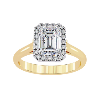 Aurelia Emerald Halo Ring - radiant cut halo engagement ring - angled view - Lucano