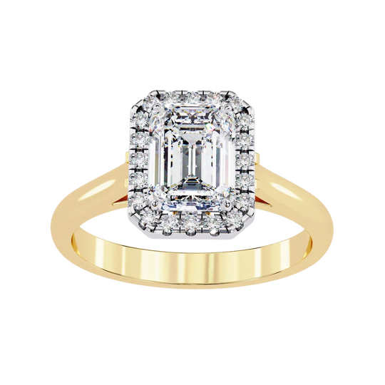 Aurelia Emerald Halo Ring - radiant cut halo engagement ring - angled view - Lucano