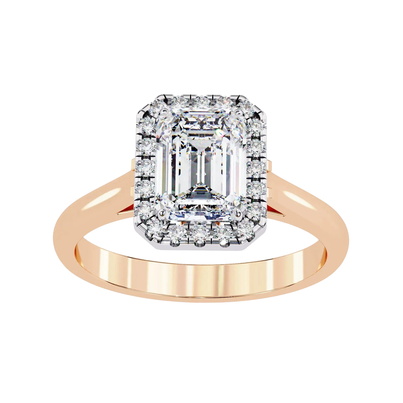 Aurelia Emerald Halo Ring - radiant cut halo engagement ring - three-quarter view - Lucano