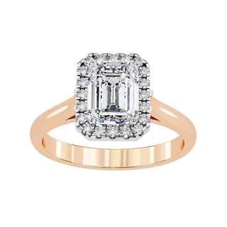 Aurelia Emerald Halo Ring - radiant cut halo engagement ring - three-quarter view - Lucano