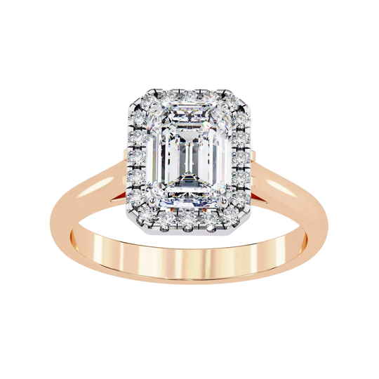 Aurelia Emerald Halo Ring - radiant cut halo engagement ring - three-quarter view - Lucano