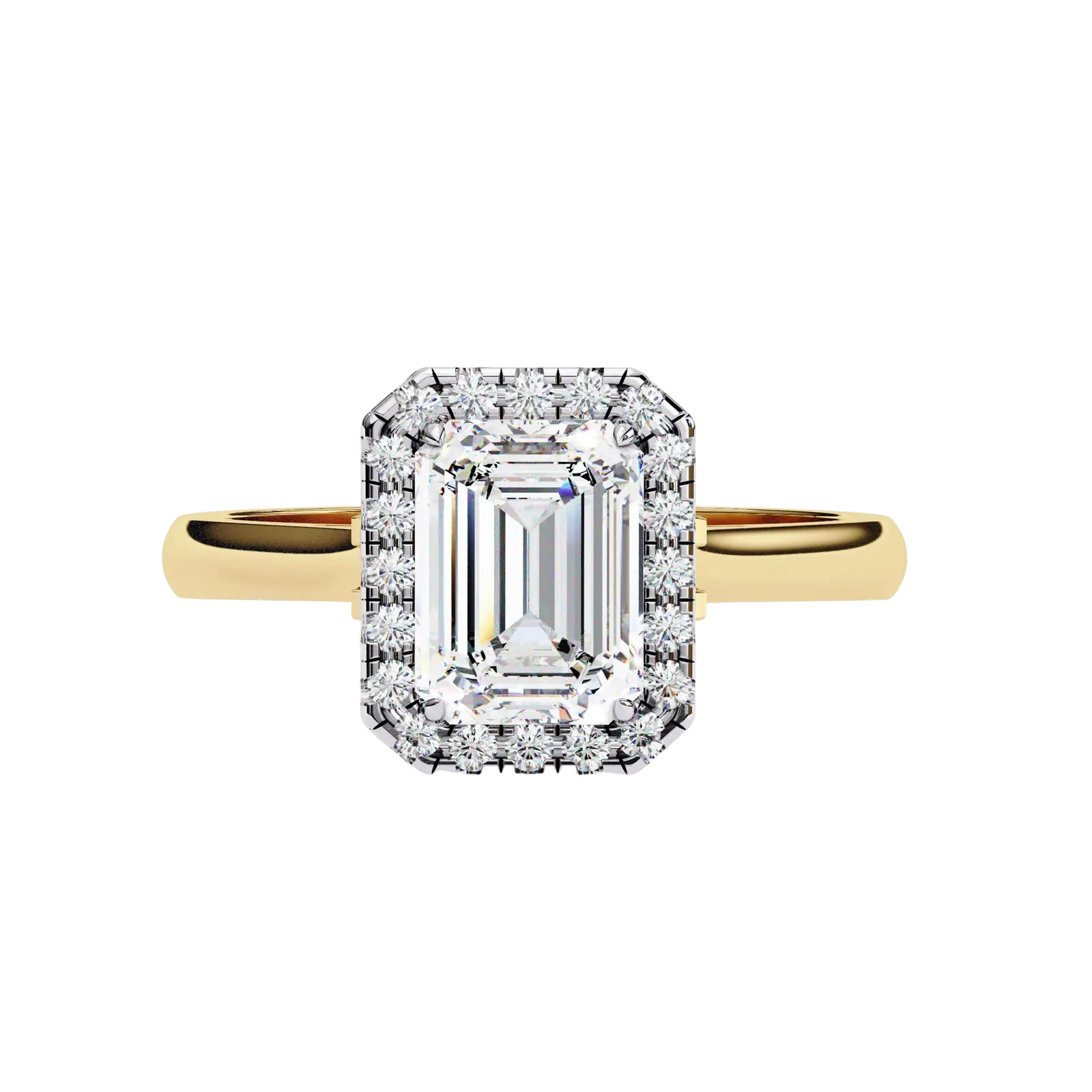 Aurelia Emerald Halo Ring - radiant cut halo engagement ring - detail close-up - Lucano