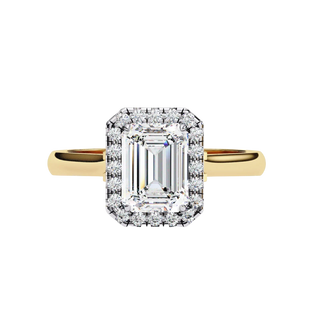 Aurelia Emerald Halo Ring - radiant cut halo engagement ring - detail close-up - Lucano