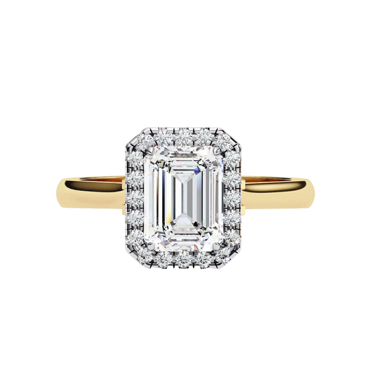 Aurelia Emerald Halo Ring - radiant cut halo engagement ring - detail close-up - Lucano