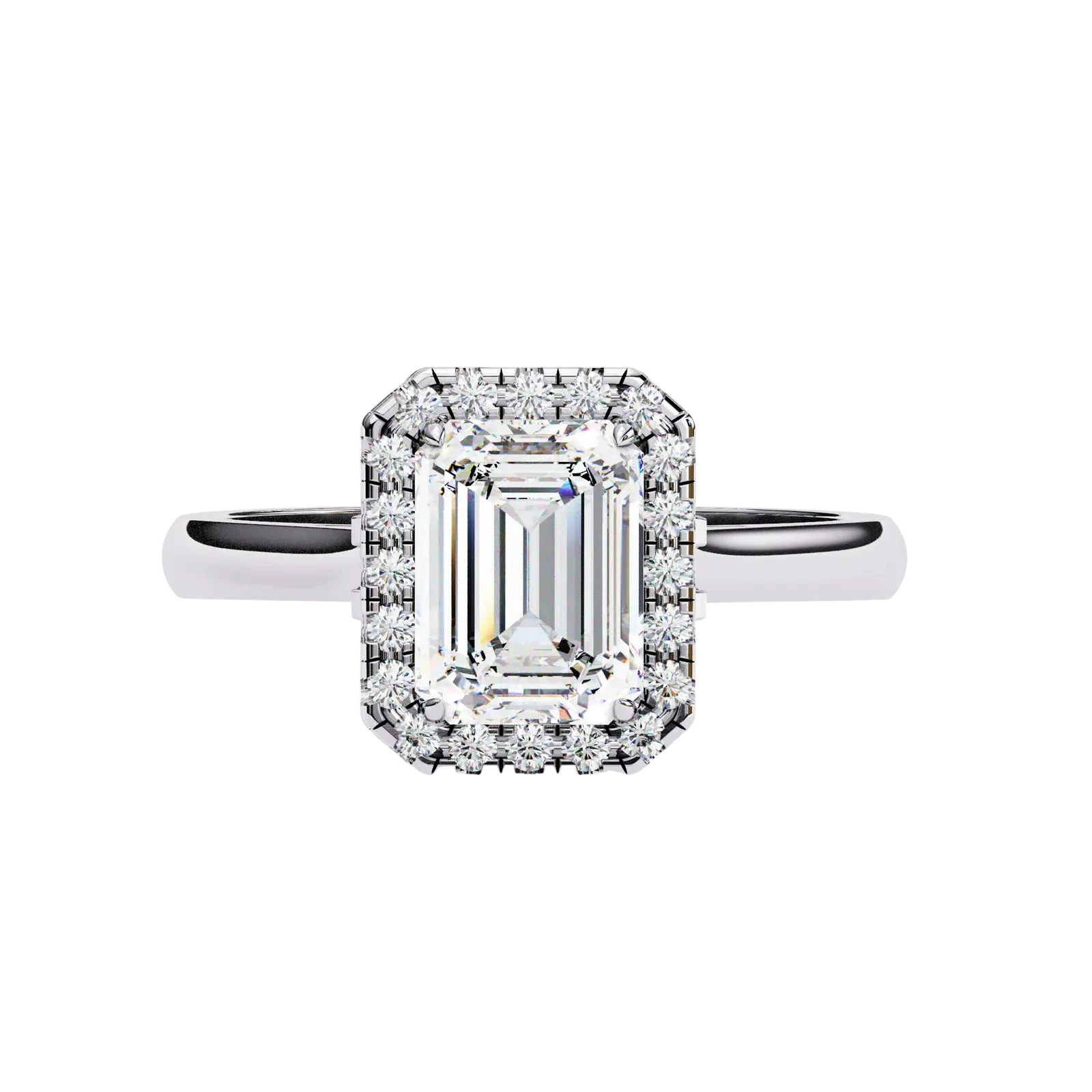 Aurelia Emerald Halo Ring - radiant cut halo engagement ring - top view - Lucano