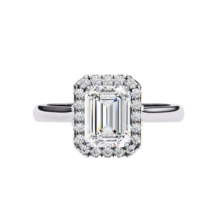 Aurelia Emerald Halo Ring - radiant cut halo engagement ring - top view - Lucano