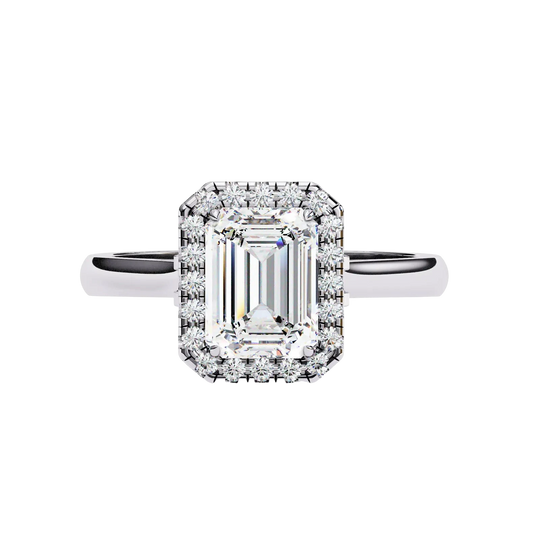 Aurelia Emerald Halo Ring - radiant cut halo engagement ring - top view - Lucano