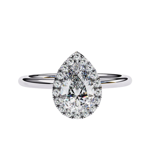 Halo Lumina Pear Solitaire - pear cut halo engagement ring - angled view - Lucano