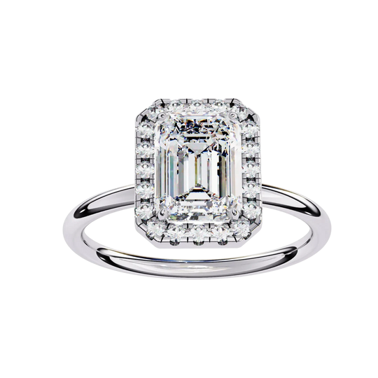 Halo Lumina Emerald Solitaire - emerald cut halo engagement ring - in 18ct white gold - Lucano