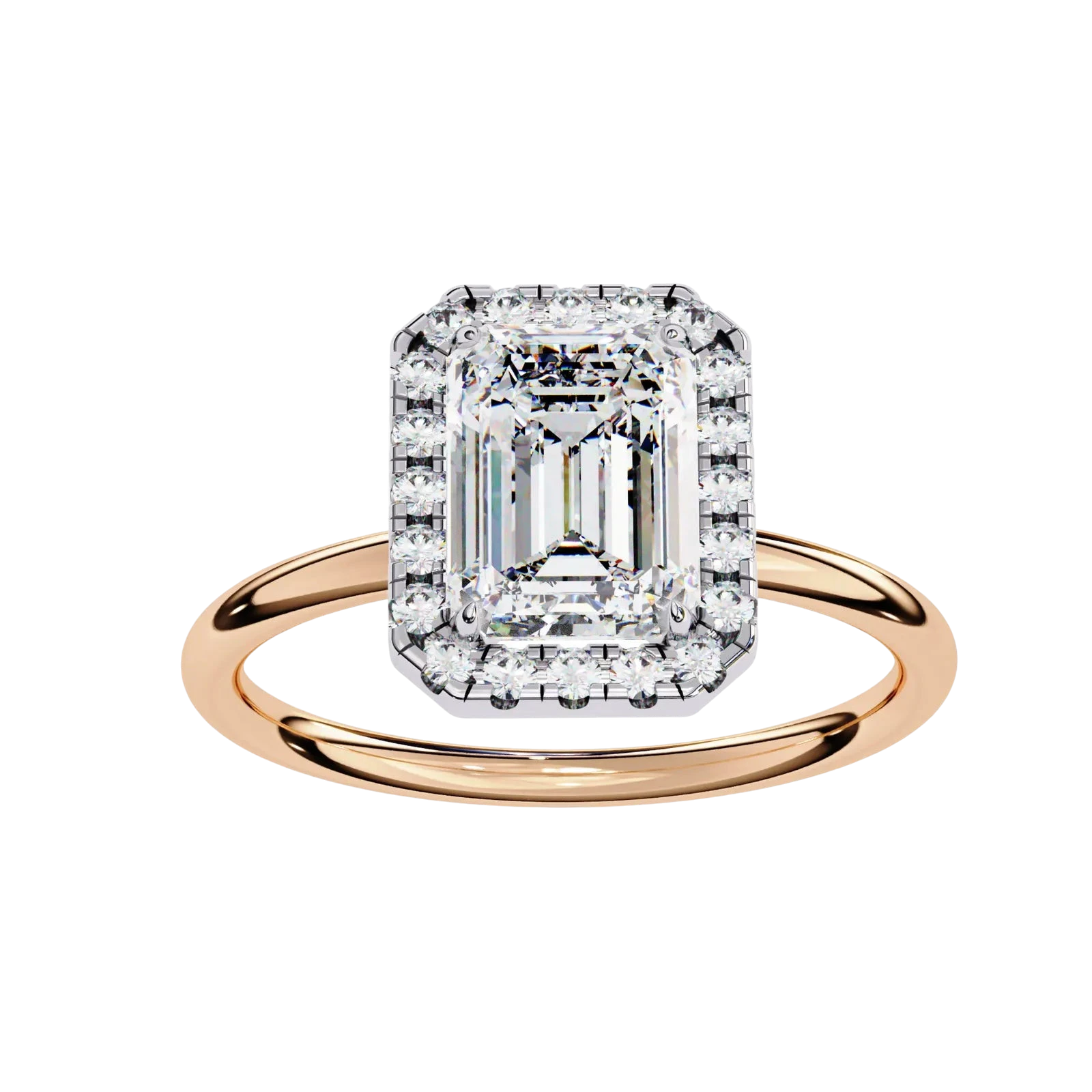 Halo Lumina Emerald Solitaire - emerald cut halo engagement ring - in 9ct rose gold - Lucano