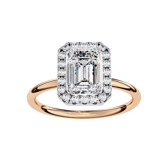 Halo Lumina Emerald Solitaire - emerald cut halo engagement ring - in 9ct rose gold - Lucano