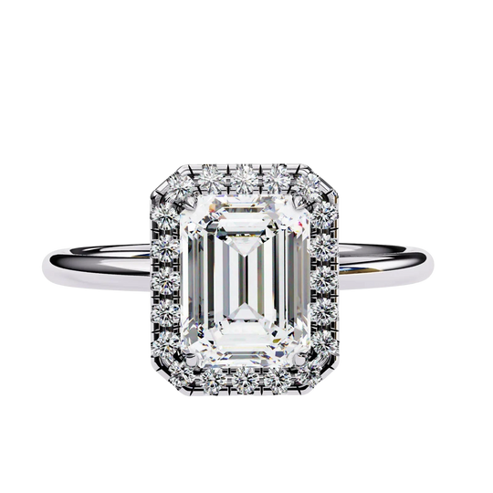 Halo Lumina Emerald Solitaire - emerald cut halo engagement ring, handcrafted in Byron Bay, Australia by Lucano