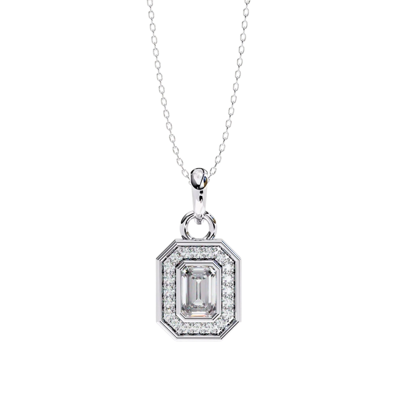 Aurelia Emerald Halo Pendant - emerald-cut diamond centre with round brilliant halo - side view - Lucano Byron Bay