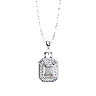 Aurelia Emerald Halo Pendant - emerald-cut diamond centre with round brilliant halo - side view - Lucano Byron Bay