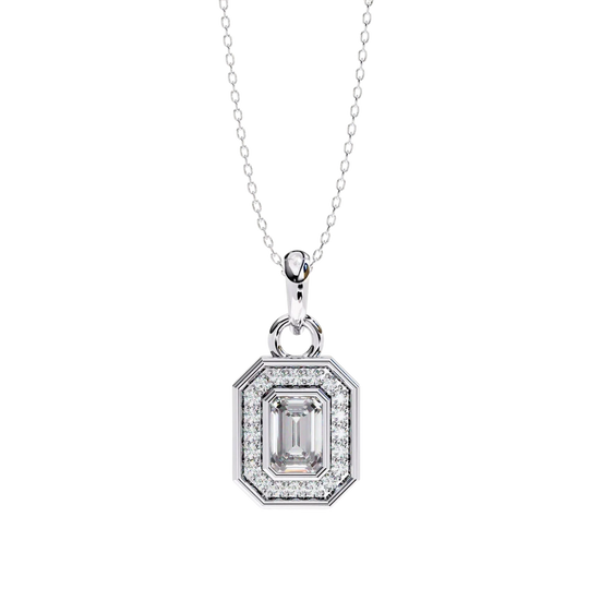 Aurelia Emerald Halo Pendant - emerald-cut diamond centre with round brilliant halo - side view - Lucano Byron Bay