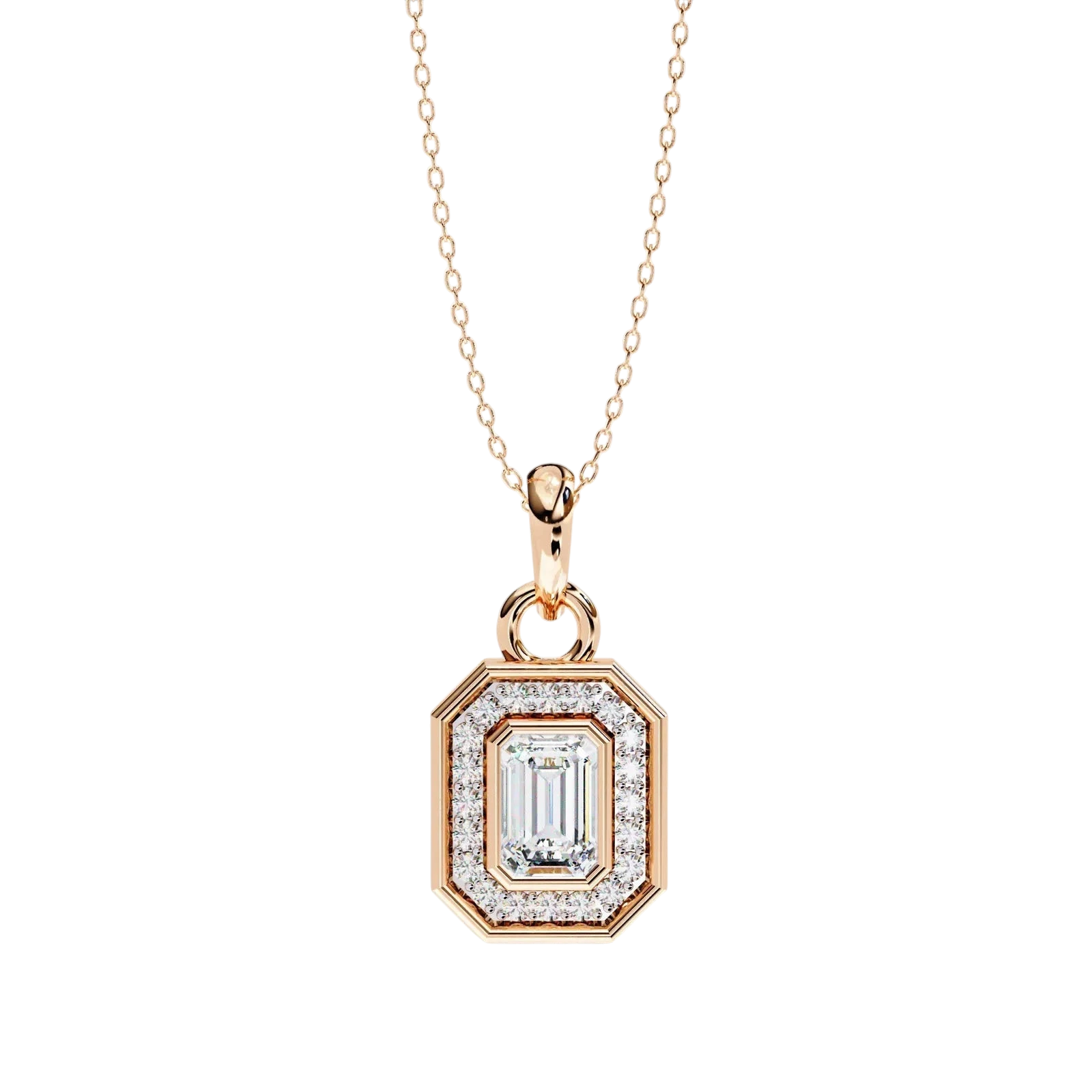 Aurelia Emerald Halo Pendant - 0.95ct emerald-cut halo diamond pendant on gold chain - detail view - Lucano fine jewellery
