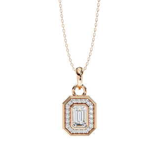 Aurelia Emerald Halo Pendant - 0.95ct emerald-cut halo diamond pendant on gold chain - detail view - Lucano fine jewellery