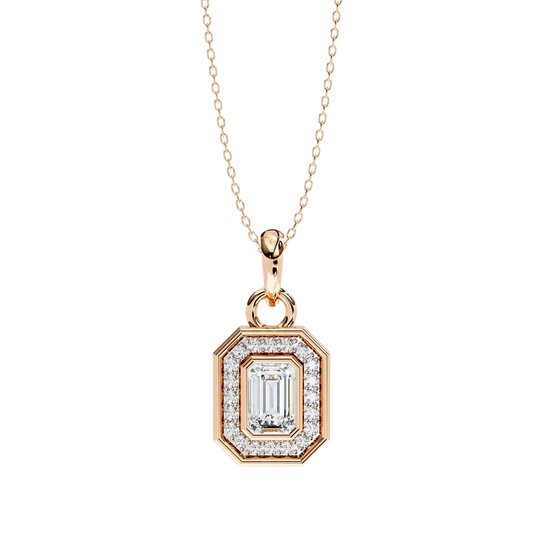 Aurelia Emerald Halo Pendant - 0.95ct emerald-cut halo diamond pendant on gold chain - detail view - Lucano fine jewellery