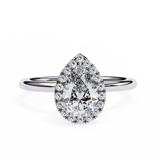 Halo Lumina Pear Solitaire - pear halo engagement ring - three-quarter view - Lucano