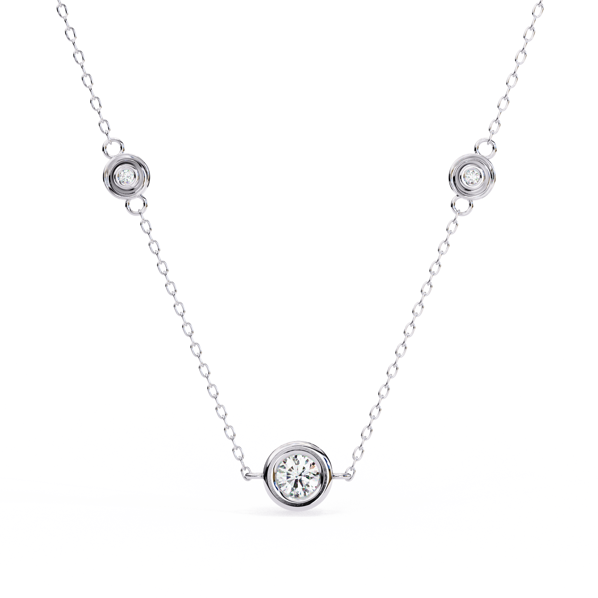 Close-up of a bezel-set diamond on the Stelle Trio gold necklace