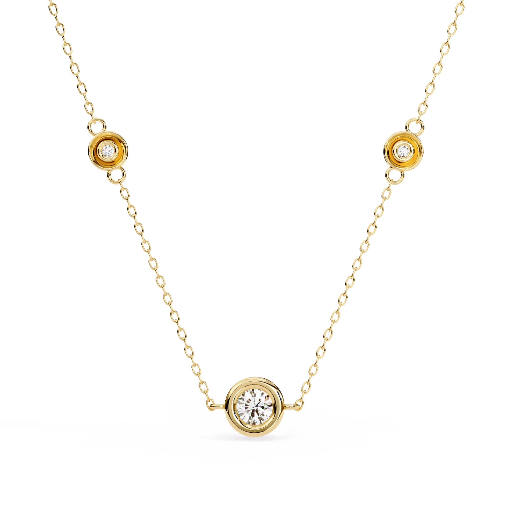 Stelle Trio bezel diamond necklace in gold with three bezel-set diamonds, front view