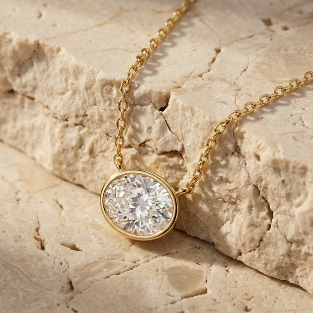 Ovalia oval diamond bezel pendant in gold, detail view