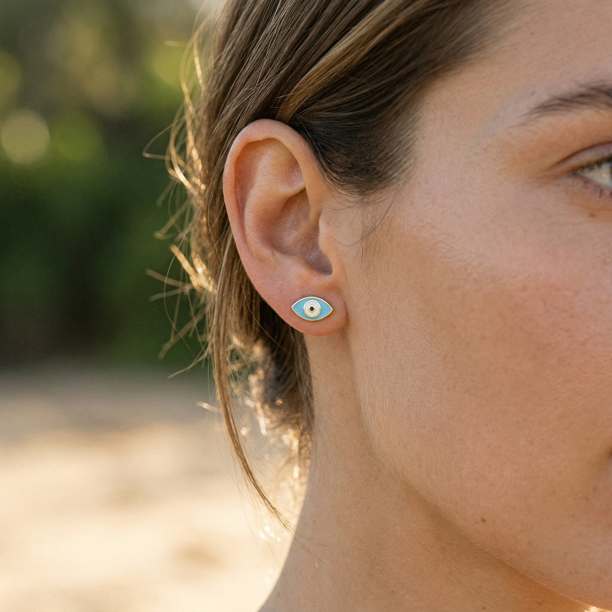 Evil Eye Earrings, gold evil eye earrings handcrafted by Lucano, Byron Bay, detail close-up