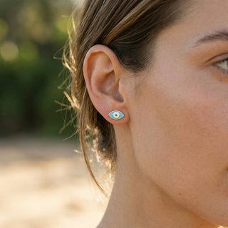 Evil Eye Earrings, gold evil eye earrings handcrafted by Lucano, Byron Bay, detail close-up