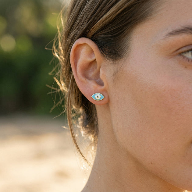 Evil Eye Earrings, gold evil eye earrings handcrafted by Lucano, Byron Bay, detail close-up