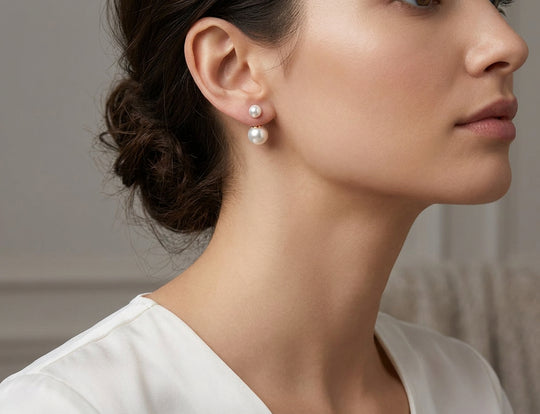 Perla Duo Earrings, pearl and gold drop earrings handcrafted by Lucano, side view