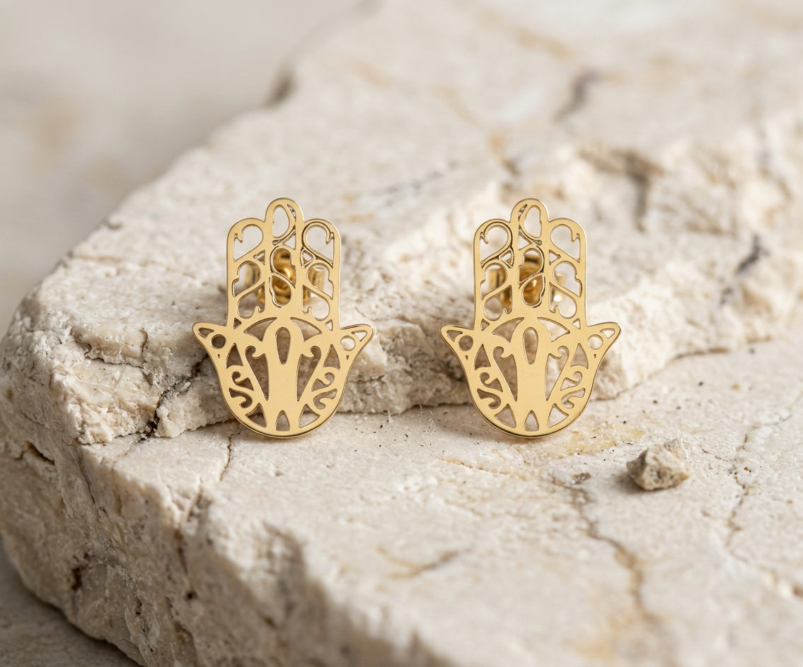 Hamsa Earrings, gold hamsa earrings handcrafted by Lucano, Byron Bay, detail close-up