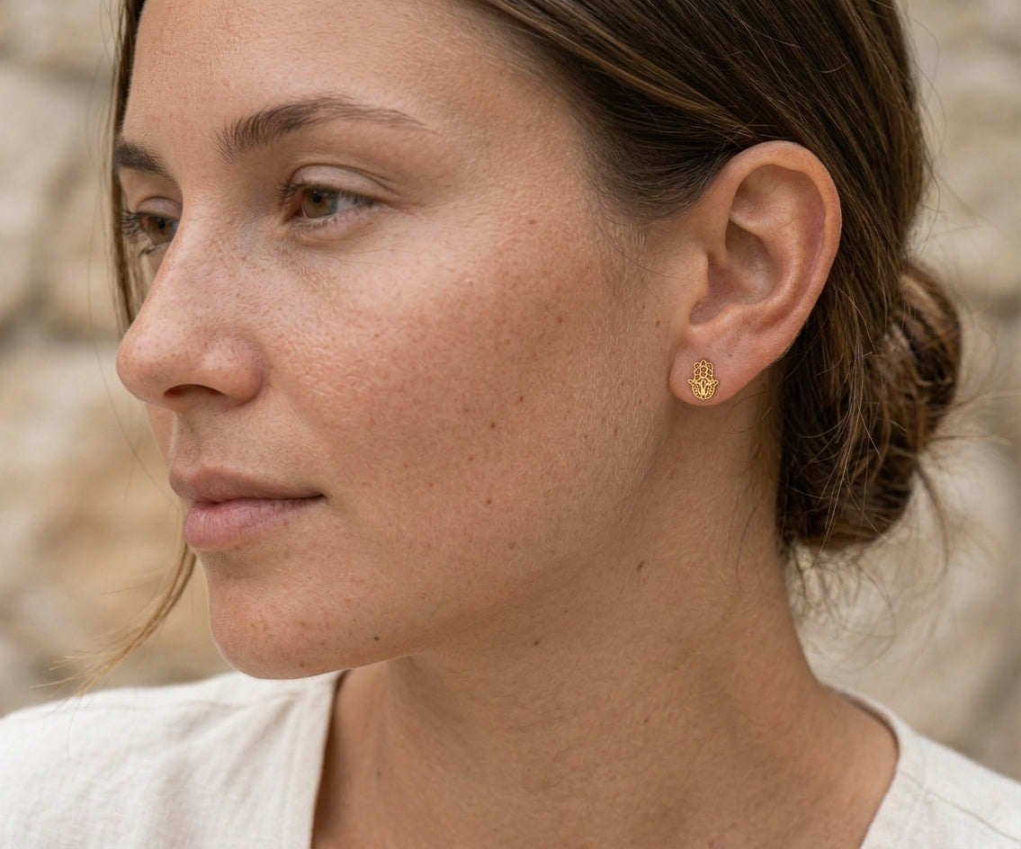 Hamsa Earrings, gold hamsa earrings handcrafted by Lucano, Byron Bay, side view