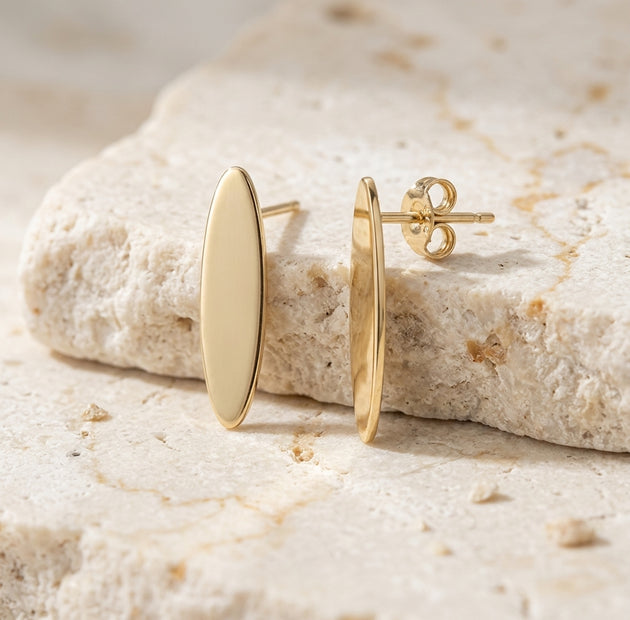 Longboard Earrings, gold drop earrings handcrafted by Lucano, Byron Bay, detail close-up