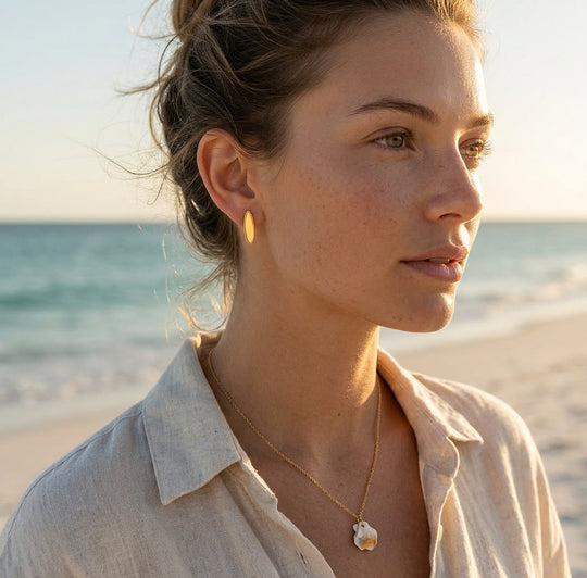Longboard Earrings, gold drop earrings handcrafted by Lucano, Byron Bay, side view