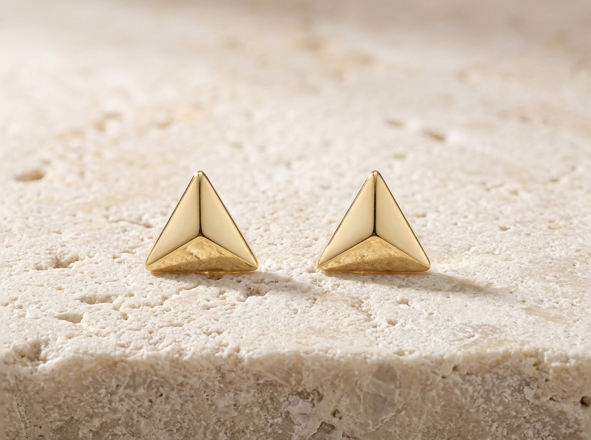 Piramide Earrings, solid 9ct gold triangle earrings by Lucano, Byron Bay, front view