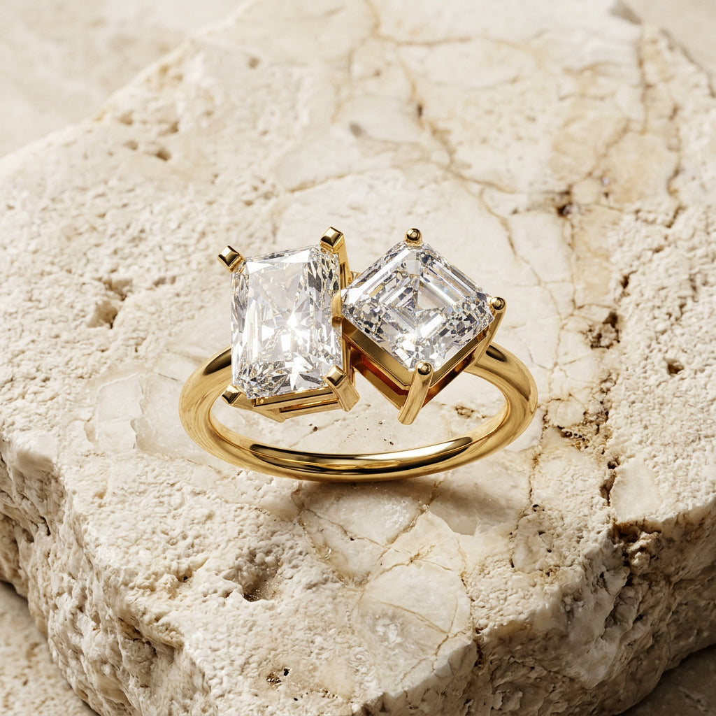 Toi et Moi Radiant & Emerald Ring - two-stone toi et moi engagement ring - on hand - Lucano