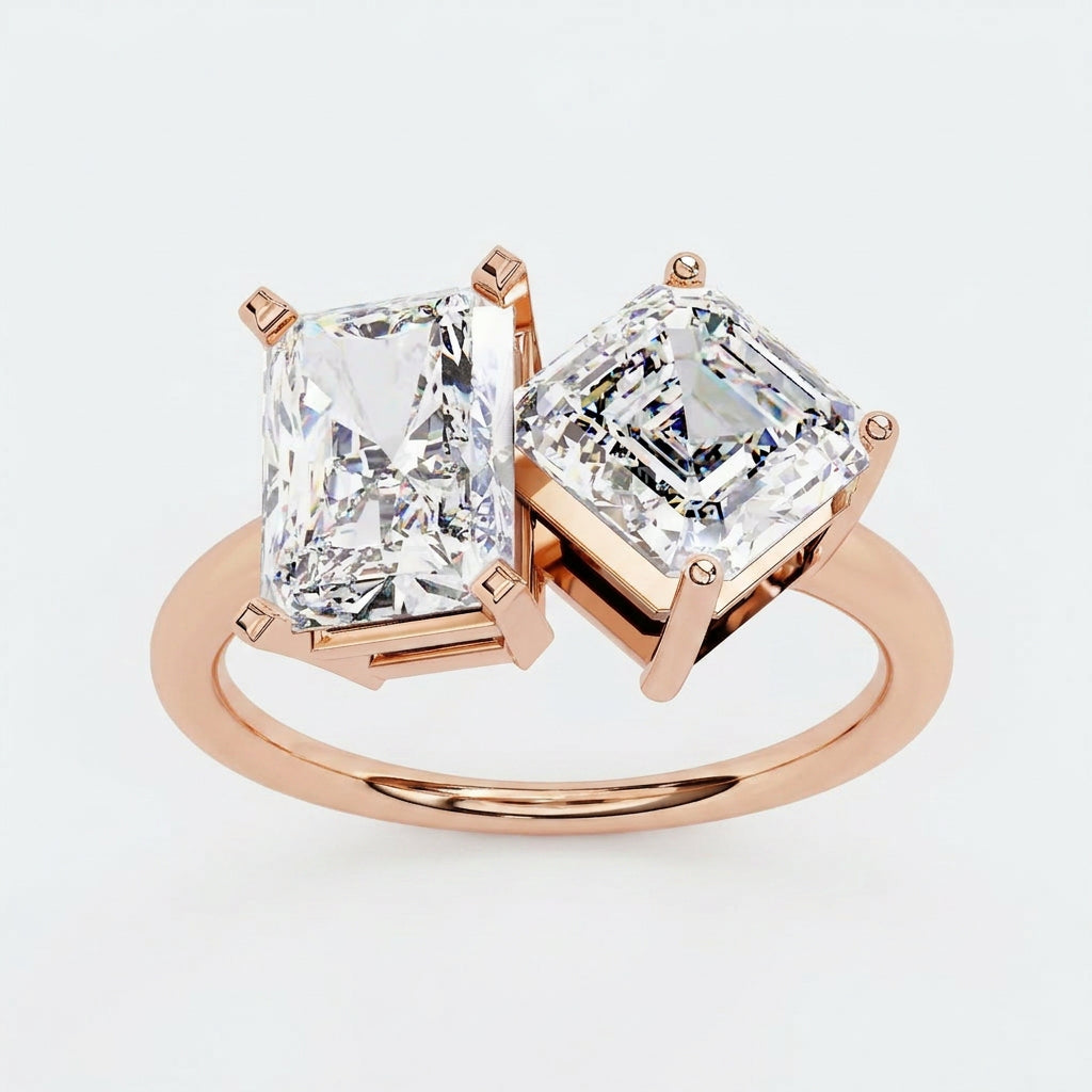 Toi et Moi Radiant & Emerald Ring - two-stone toi et moi engagement ring - detail close-up - Lucano