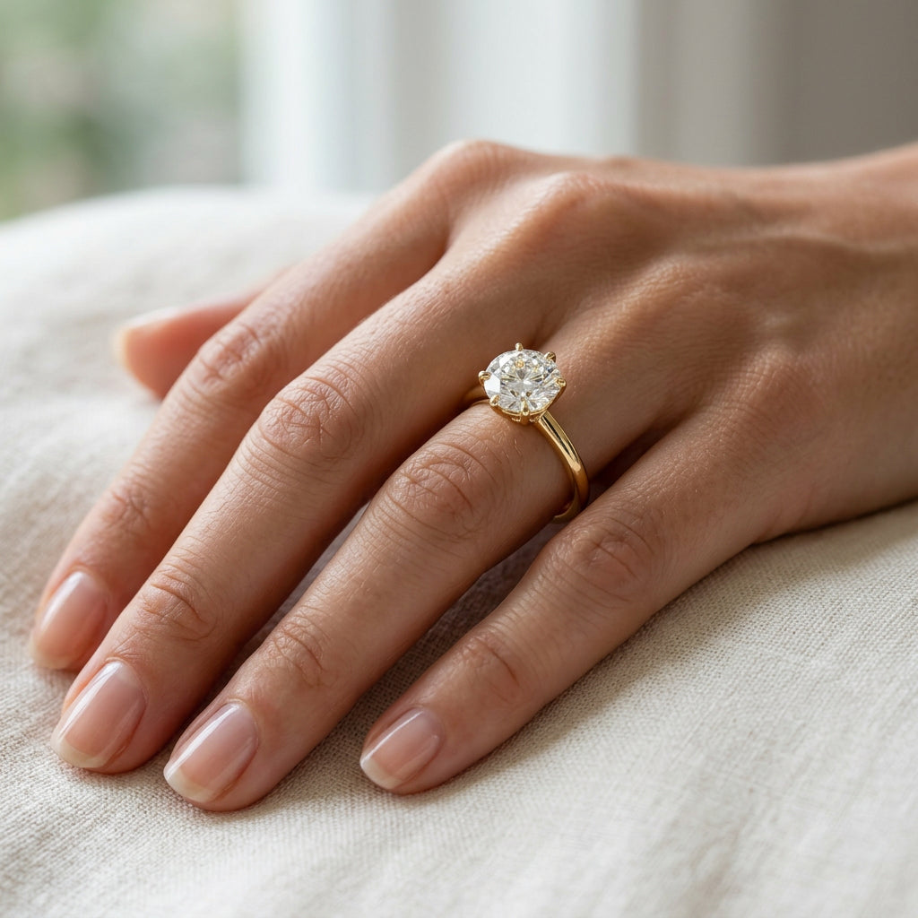 Helios Round Solitaire Lumière - round brilliant engagement ring - angled view - Lucano