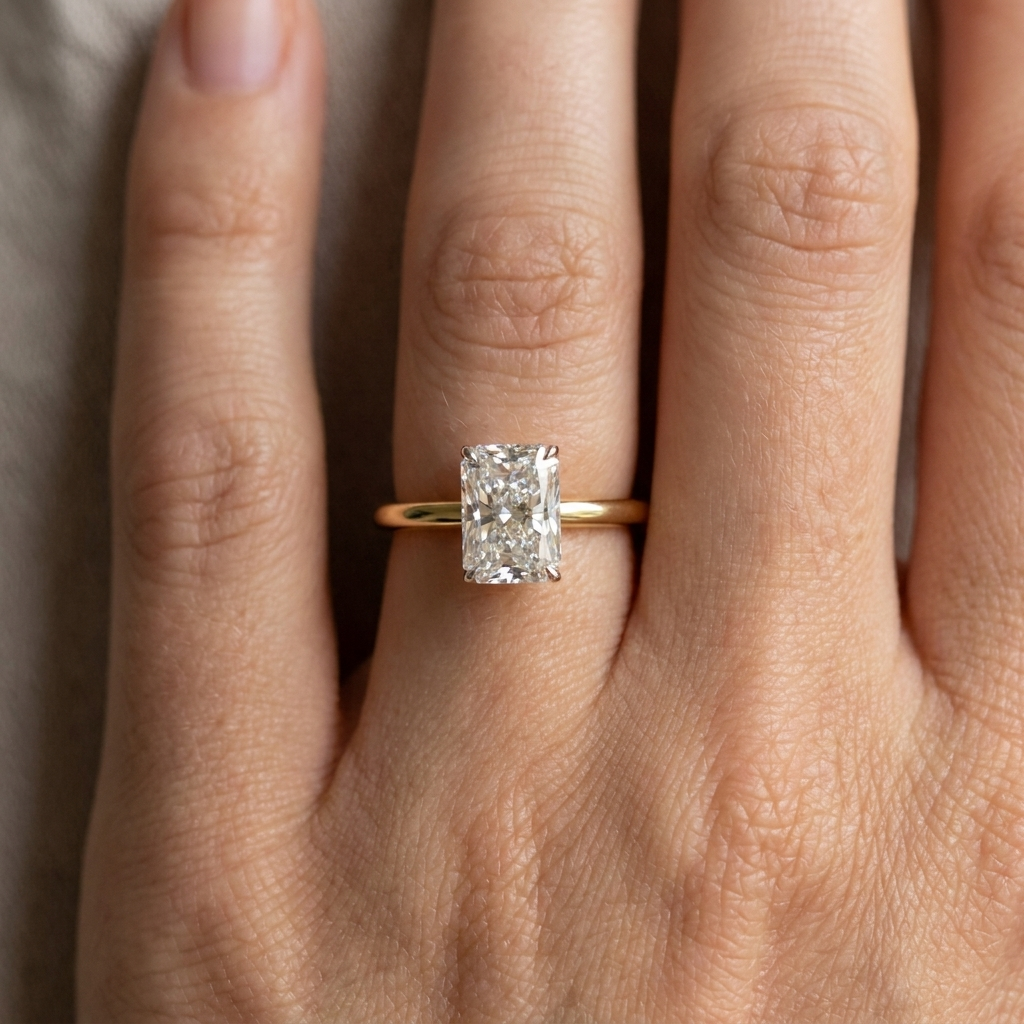Imperia Radiant Solitaire - radiant cut engagement ring - three-quarter view - Lucano