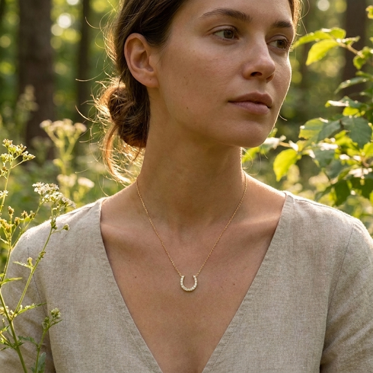 Crescent diamond necklace worn at the collarbone