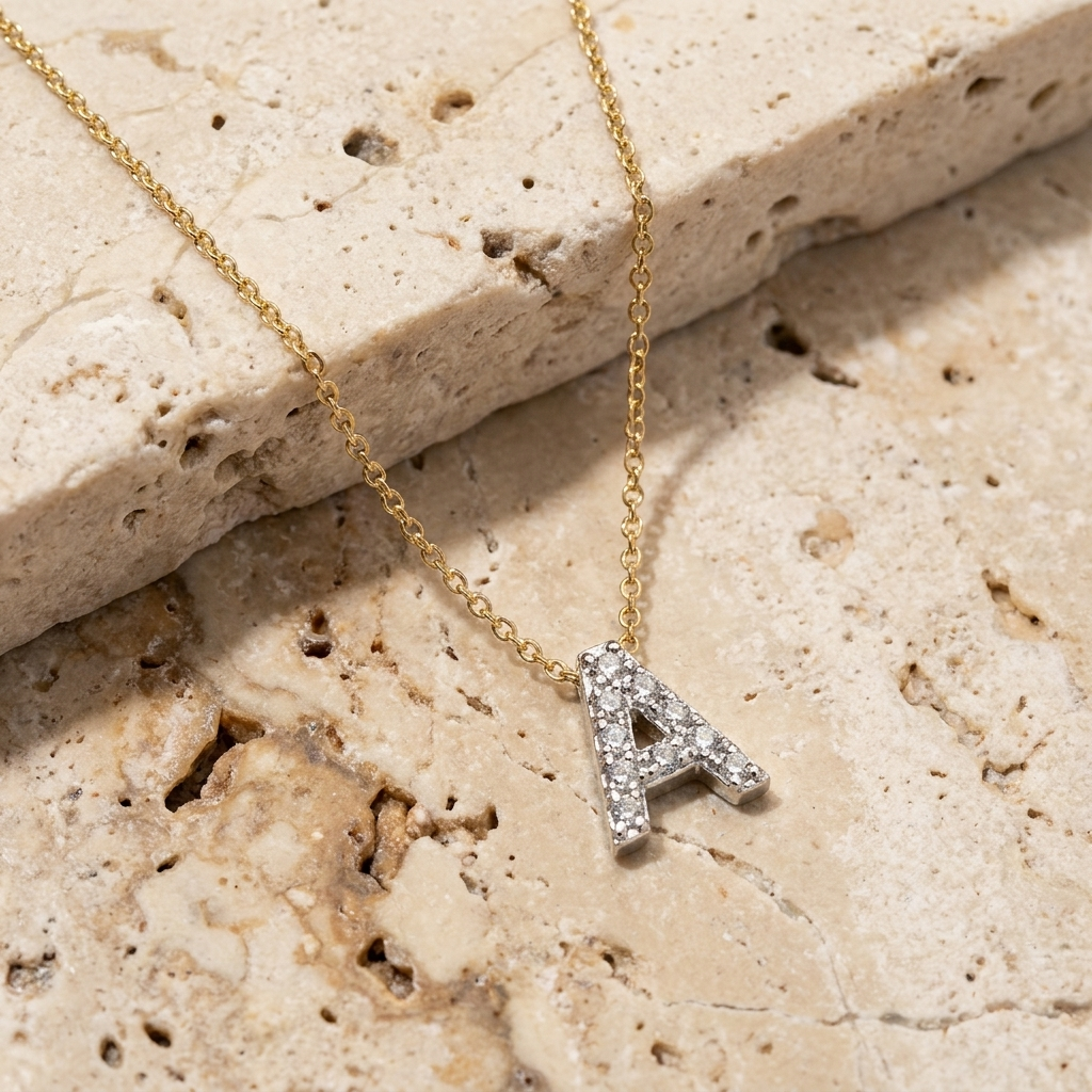 Diamond-set initial pendant in gold worn at the collarbone