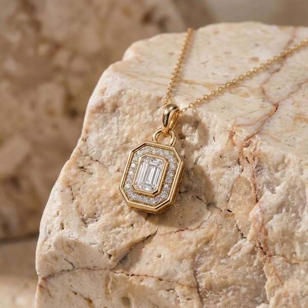 Aurelia emerald-cut diamond halo pendant in gold on a fine chain, detail view