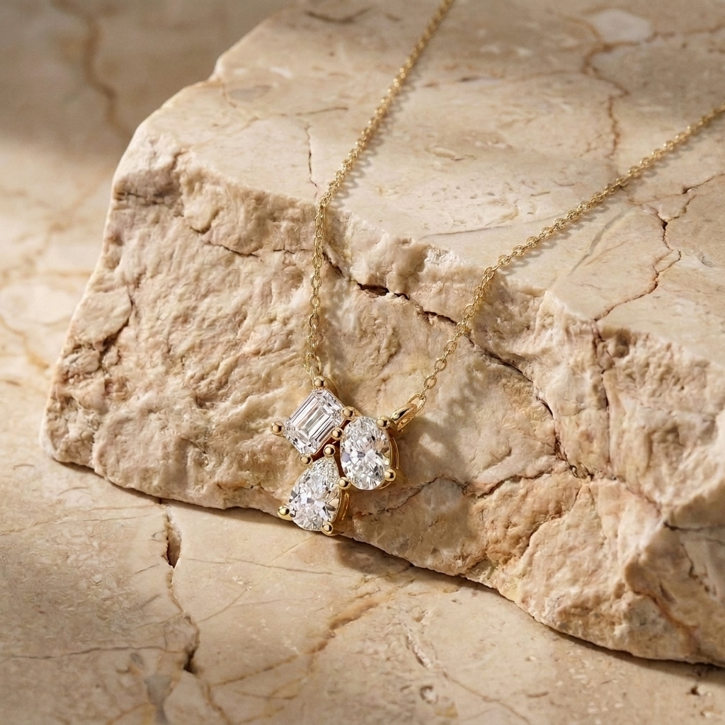 Trinas three-stone diamond pendant in gold worn at the collarbone