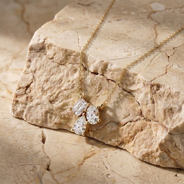 Trinas three-stone diamond pendant in gold worn at the collarbone